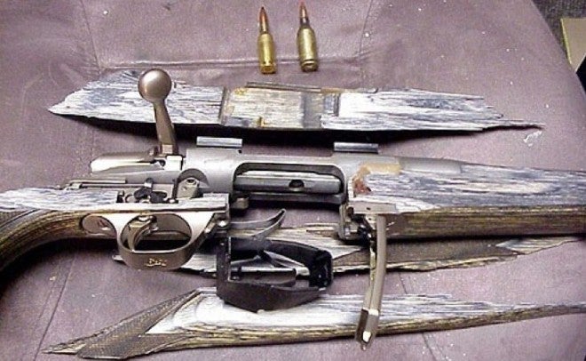 6mmBR (left) and .223 WSSM (right) cartridges above the remains of Browning A-Bolt rifle.