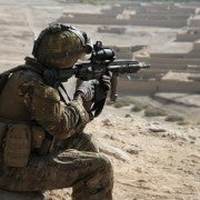 An Australian soldier with an issue HK417 rifle.