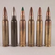 Various 5.56mm rounds, left to right: 55gr M193, 55gr French ball, M855 (made in Korea), Mk. 262 Mod. 1, Mk. 318, M855A1