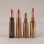 7.62x39 and two of its derivatives. Left to right: Commercial FMJ, Yugoslavian M67, 5.6x39mm/.220 Russian, 6.5x38 Grendel.
