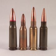 Two 6.5 Grendel rounds and related cartridges. Left to right: 7.62x39mm, .220 Russian, 6.5 Grendel 123gr SMK, Wolf 100gr FMJ.