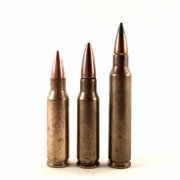 The 6x35mm KAC/TSWG flanked by its parent, the .221 Remington Fireball on the left, and the 5.56x45mm on the right, which it is designed to duplicate from shorter barrel lengths.
