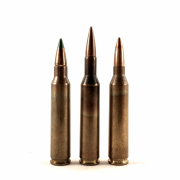 The 4.85 British (center) was developed in the UK and competed in the NATO trials that eventually standardized on the Belgian 5.56mm SS109 load (left). Like the similar German 4.9x45mm DAG (right), it is based on the 5.56mm case.