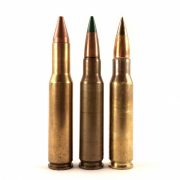 The long-necked Colt 7.62mm round on the left combines the principles of triplex and squeezebore rounds (together called "salvo-squeezebore"). When fired from a modified M60 with a tapered muzzle, it would spit out three 55gr .224" caliber projectiles per shot. In the center is the duplex (not squeezebore) M198 7.62mm round, and on the right is the M80A1 EPR round, for comparison.