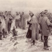A period illustration of the 1914 Christmas Truce, showing German and British soldiers exchanging cigarettes, hats, and other gifts. The Christmas Truces in 1914 has become a powerful symbol of the spirit of the holiday, and of voluntary peacemaking by front line troops in what was unarguably the most terrible conflict in history up to that point. Image source: commons.wikimedia.org