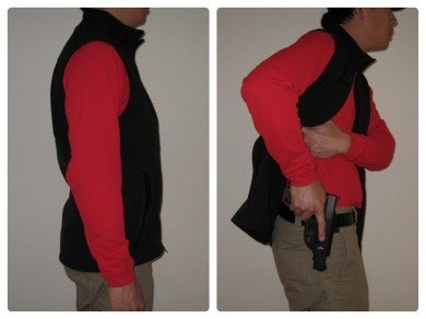Left: Notice how you cannot see the muzzle of the 5.31" Glock 34 barrel. Right: A glimpse of the vest in action.