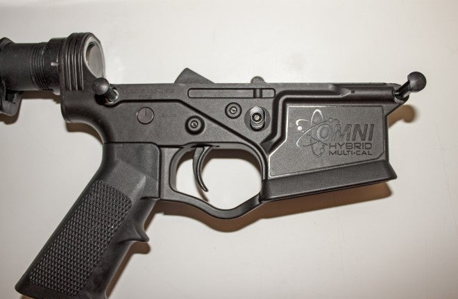 Right side of lower receiver, clearly shows the anti-walk system created by ATI.