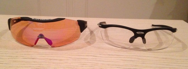On the left is a pair of the new Airblasts. On the right is a pair of Rudy Project Genetyk glasses. Notice the Airblast's larger lens and less material on the rim above the eyes.
