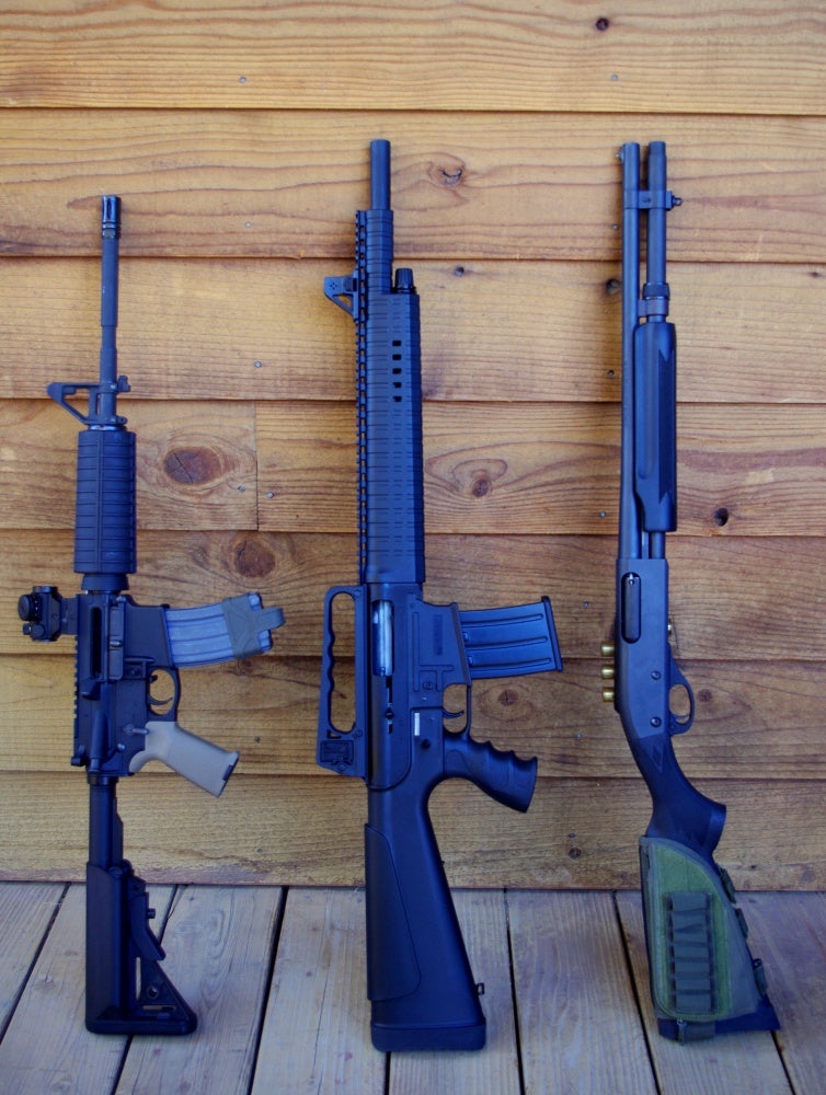 Size comparison. Ar-15 rifle, BR-99, 20 gauge Remington 870 shotgun.