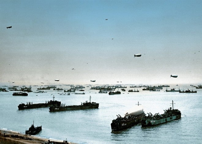 Allied ships, boats and barrage balloons off Omaha Beach after the successful D-Day invasion, near Colleville-sur-Mer, Normandy, France on June 9, 1944.  (Photo by Galerie Bilderwelt/Getty Images)