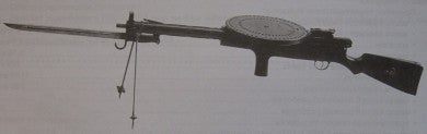 Experimental Fedorov-Degtyarov light machine gun with air-cooled quick change barrel and a 50-round pan magazine, produced in 1923
