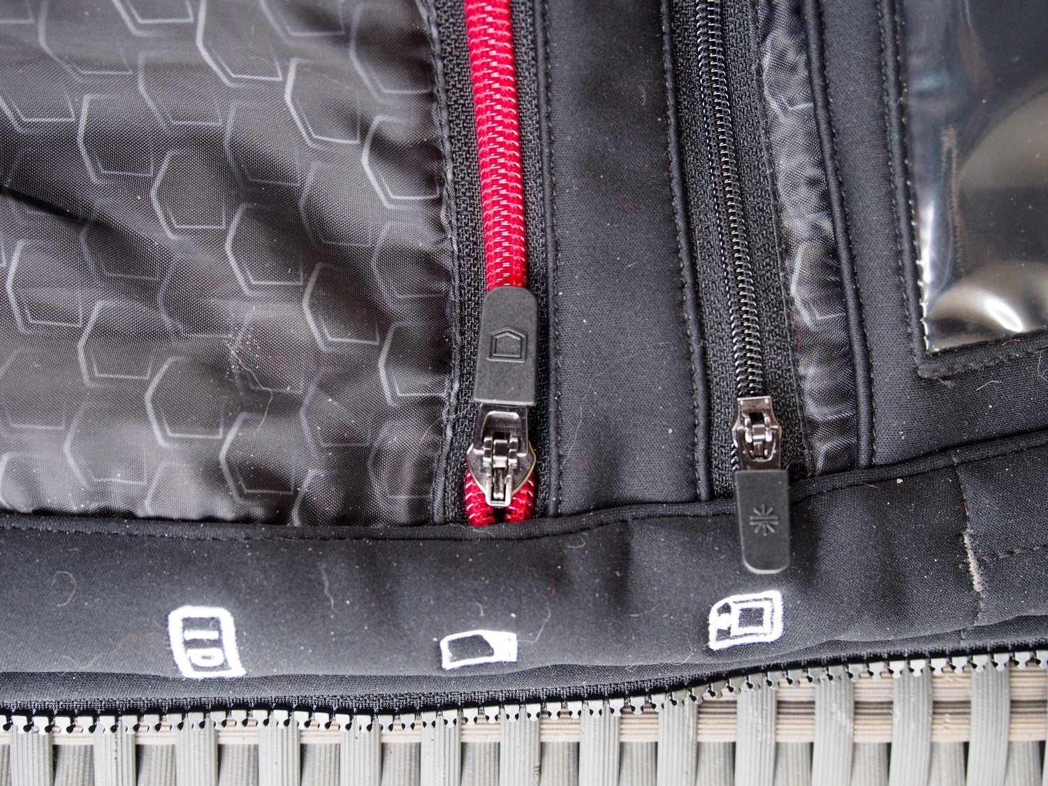 Along each side of the jacket are icons to indicate the use of that pocket.