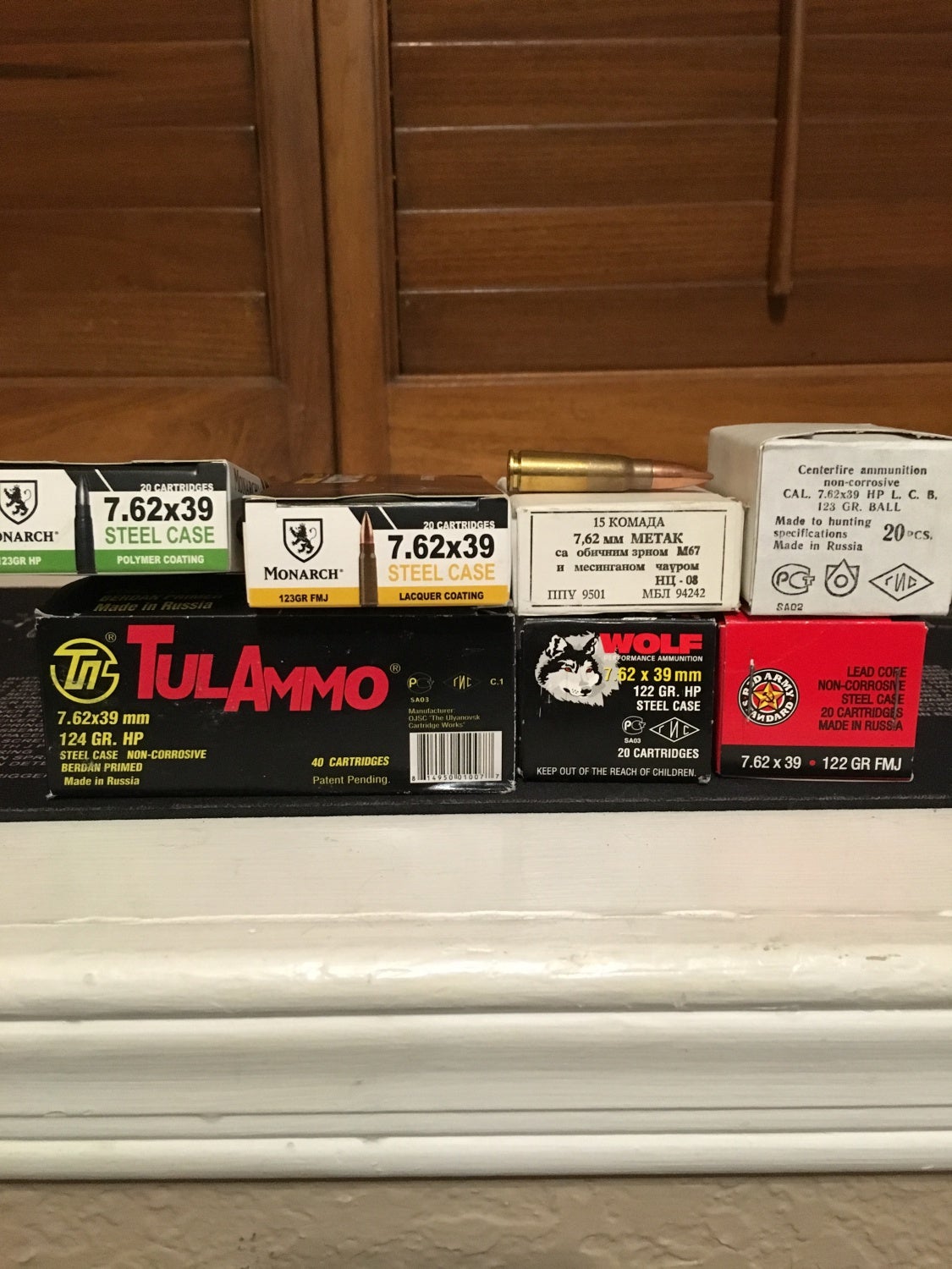 The seven types of ammo I was able to do accuracy testing with. Not sure what brand the box is on the top right. I call it Russian brand X.