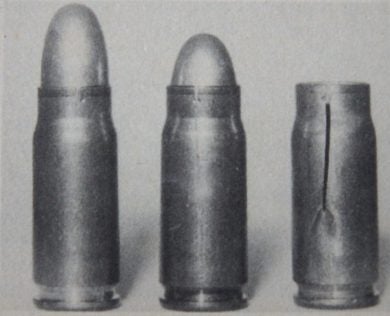 Ammo used in the 1983 test (left to right): unused round has tiny crack; stove-piped round has bullet pushed into case and enlarged crack; fired case clearly shows rupture and powder burn marks.