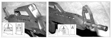 Closer views of the rifle’s sights: the rear unit was a two-position (200-400 meters) flip aperture, adjustable for windage and well protected by the carry handle structure; the front sight was a protected post adjustable for elevation.