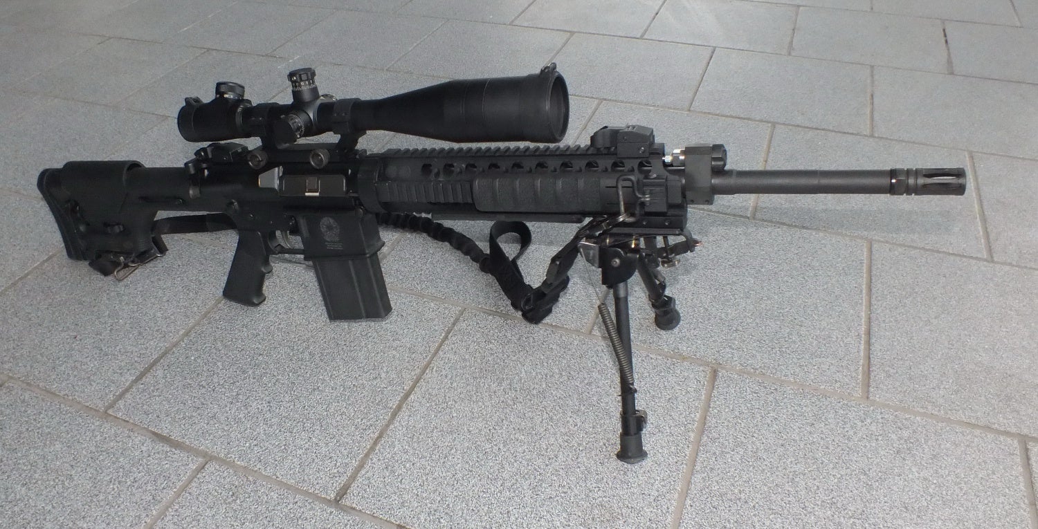 The semi-auto Armalite AR-10 SuperSASS (Semi-Automatic Sniper System) is in...