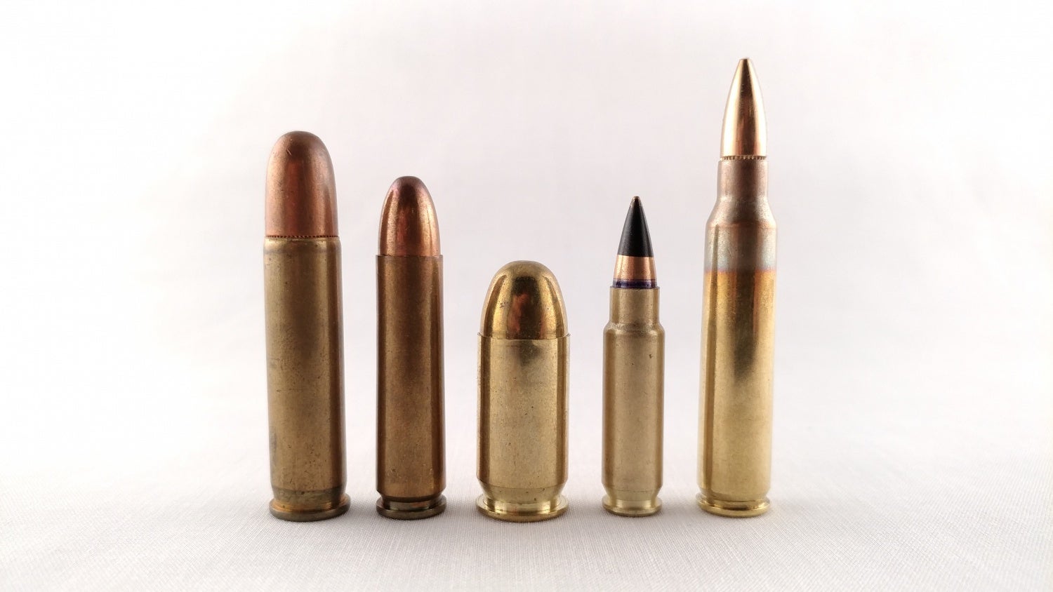 Left to right: .351 WSL, .30 M1 Carbine, .45 ACP, 5.7x28mm SS190, 5.56x45mm...