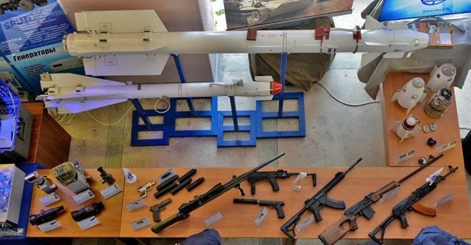 Overhead view of the table showing Belarus' latest small arms offerings