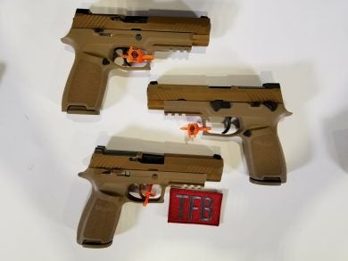 Top to bottom: P320 (Civilian M17) with no thumb safety, P320 with thumb safety, Army's M17 military pistol