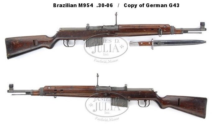 Although extremely rare in Brazil, copies of the Mq. S/Aut .30 M954 legally found their way to the U.S. collectors’ market some years ago. (Image source: James D. Julia Inc.)