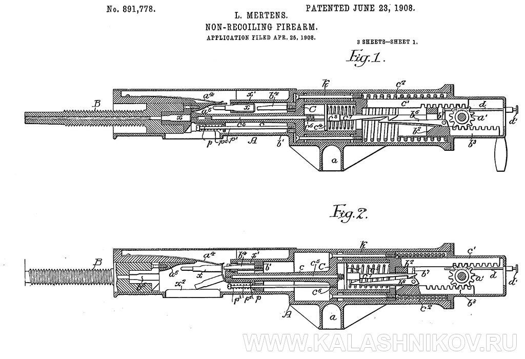 The patent from 1908 with the "non-recoiling" machinegun. Picture courtesy of "Kalashnikov" gun magazine.