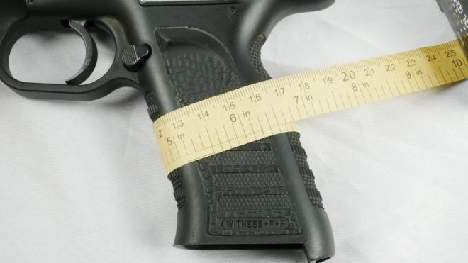 EAA Witness polymer frame grip measures 5 1/2” in circumference around the middle.