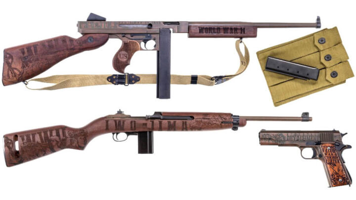 Thompson Auto-Ordnance's Iwo Jima set includes an M1 carbine, a Thompson, and a 1911.