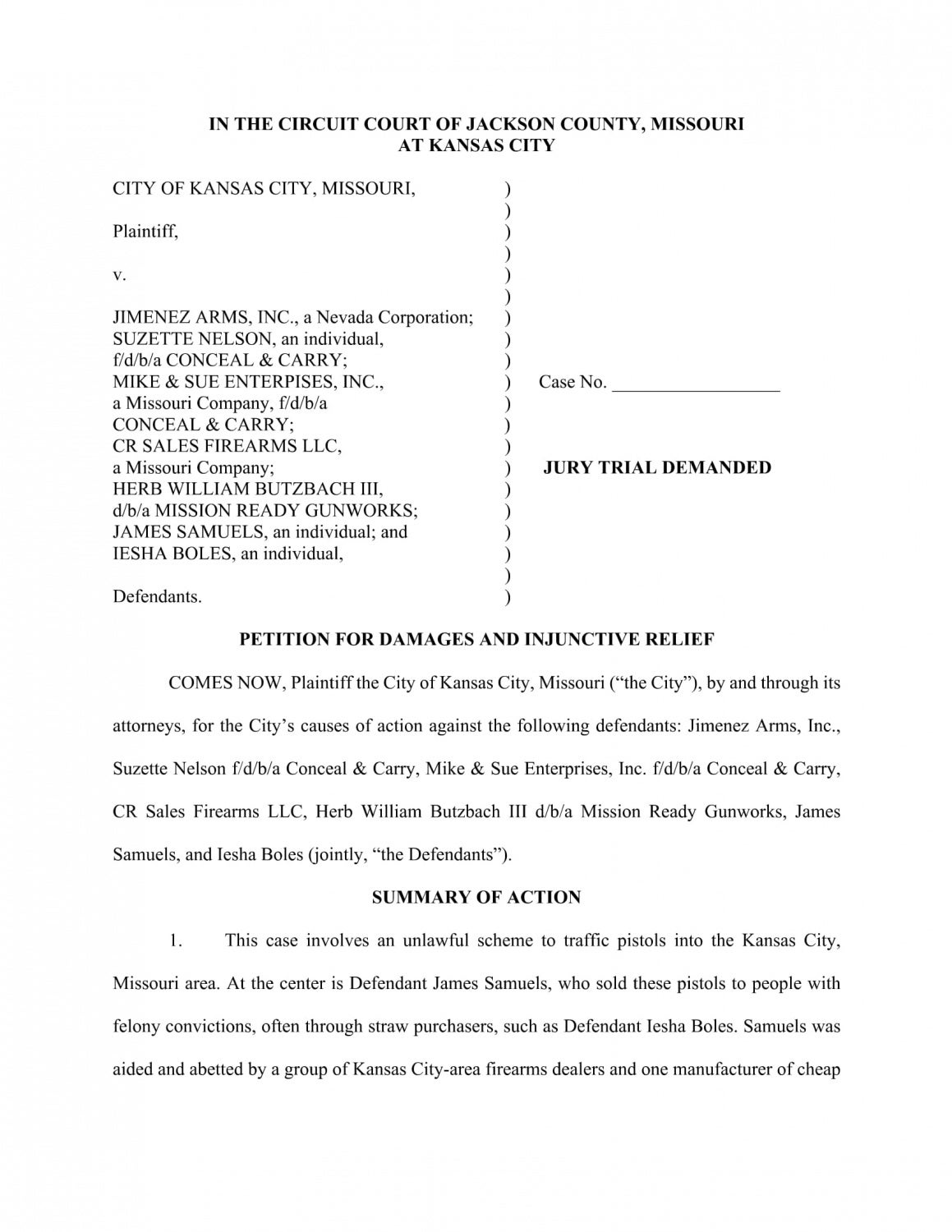 The first page of KCMO's 35-page lawsuit against Jimenez Arms and others.