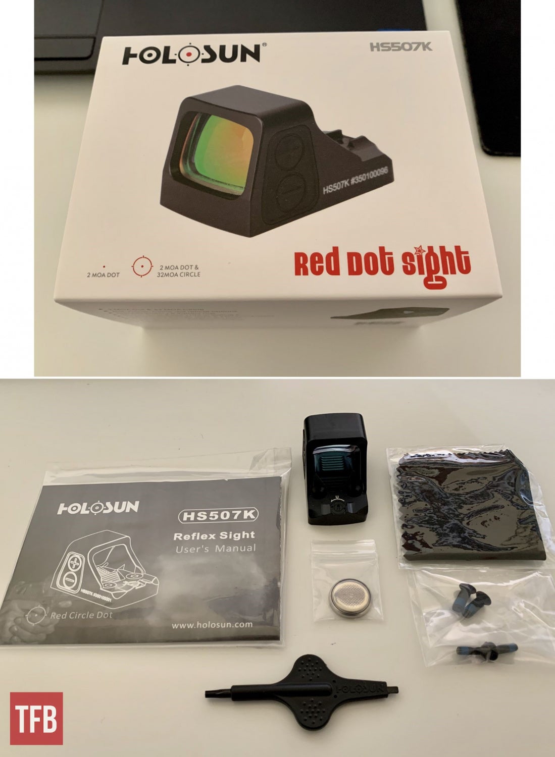 Unboxing the Holosun 507K, with the red dot and other package contents laid out.