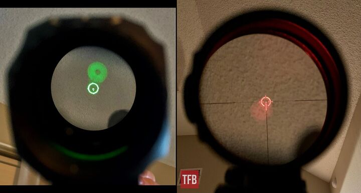 My reticle photography skills aren't perfect, but hopefully these images help illustrate the sort of "phantom reticle" effect I observed, with the edge overglow/bloom issues as referenced above. These look predominately similar to what I saw with the naked eye.