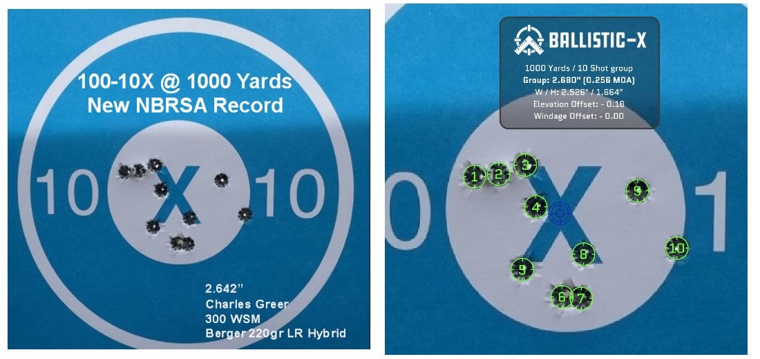 A closer look at Greer's impressive 1000-yard NBRSA (National Benchrest Shooting Association) target.