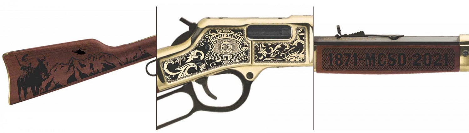 The right side of the rifle's receiver features an engraving of the department's current badging...