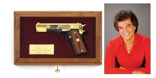 Don't adjust your TV sets, kids: there really is a Conway Twitty Tribute Pistol, as seen here in its optional display case.