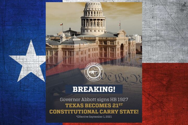 Constitutional Carry in Texas has been signed into law, as celebrated by the Texas Gun Rights' social media announcement from June 16th, shown here.