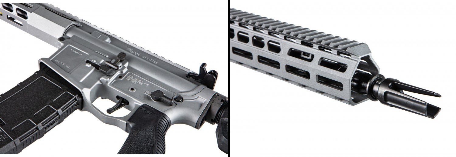 The Switchblade is differentiated from other M400 models by its controls, handguard, muzzle device, and more.