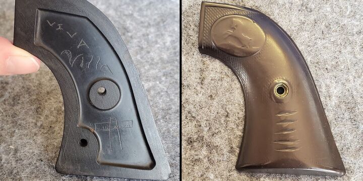 A closer look at the "Viva Villa" Colt's well-worn grips, showing its five ominous notches and the etching inside. These markings first alerted the gunsmith to its potential historical significance. 