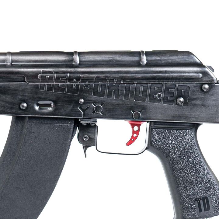 close up of Red Oktober pistol laser engraving