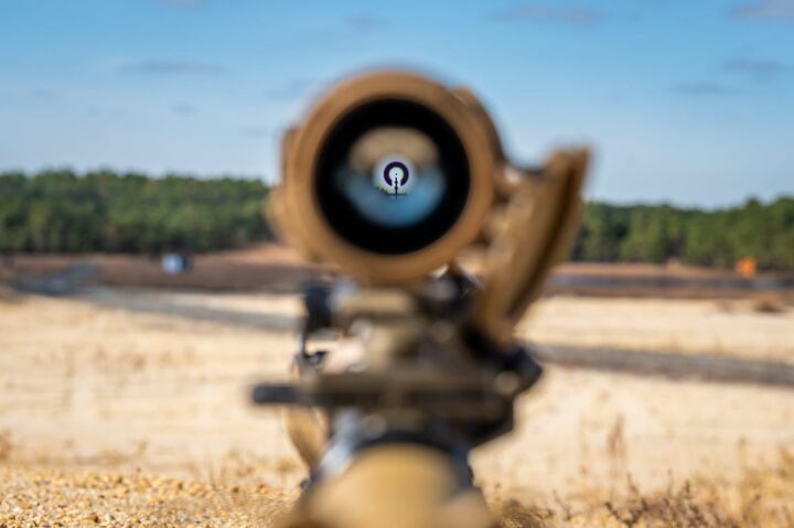 Looking down the sights of the M110A1 Squad Designated Marksman Rifle (SDMR) 