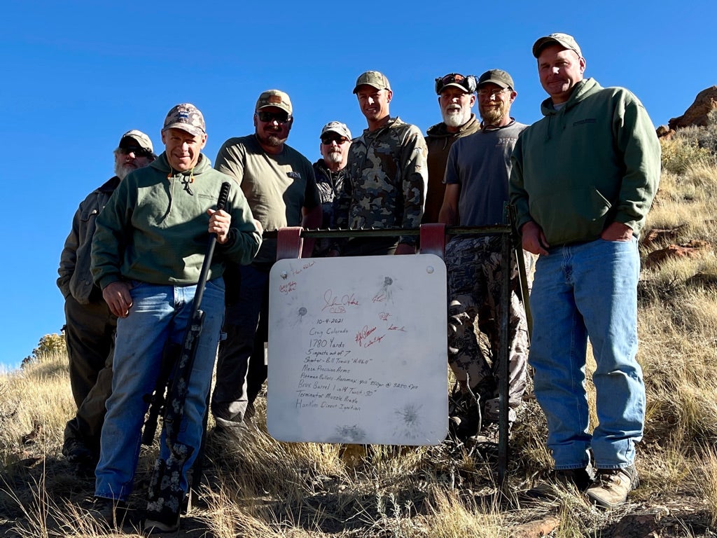 The team responsible for the shoot. From left to right: Chad Drayer (Mesa Precision Arms), Bill Travis (shooter), John Hakes (Mesa Precision Arms), tall guy in the center was Curtis Ellgen (Ellgen Ranch Outfitters; it was on his ranch), and on the right Kyle Pittman (Pittman Bullets). The others of us were supporting staff and witnesses.