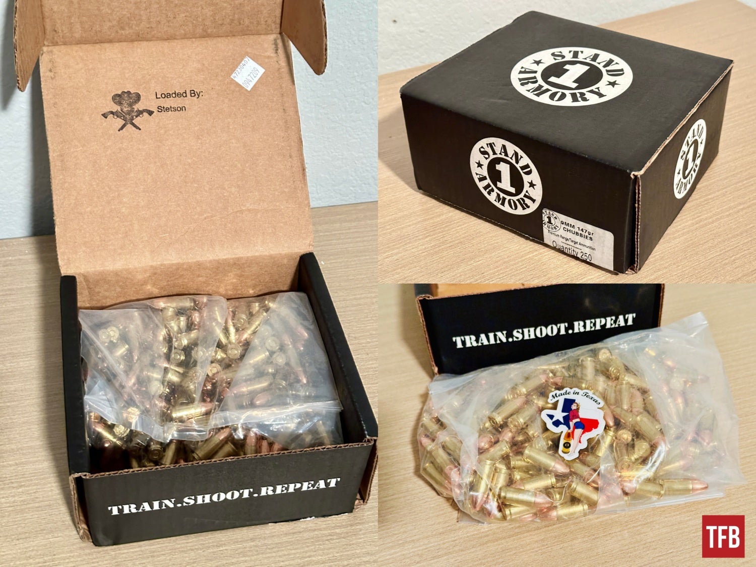 Stand 1 Armory's packaging for the box of 250 tester rounds they sent us.