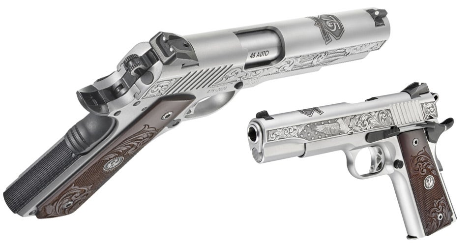 This Diamond Anniversary Limited Edition of Ruger's 1911 features special embellished engraving on the stainless steel slide and hardwood grip panels.