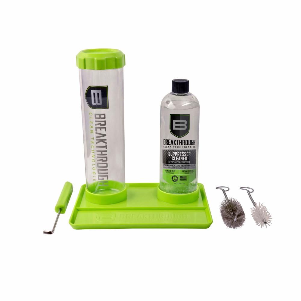 The Suppressor Cleaning Kit includes a soaking tube, a 16-ounce bottle of Suppressor Cleaner Solution, a selection of tools, and an organizer tray.
