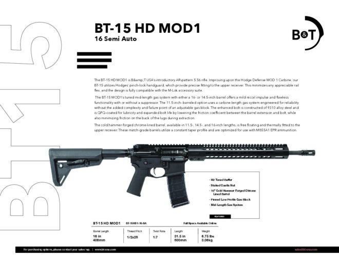 A B&T spec sheet for the forthcoming BT15 HD based on Hodge Defense's design.