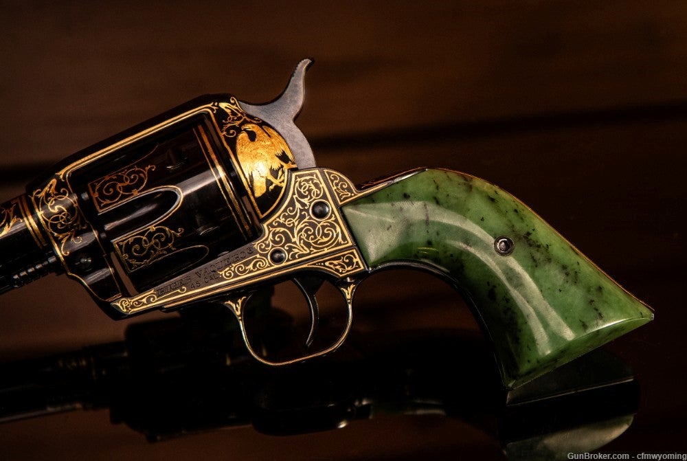 Artist Paul Lantuch worked with the Ruger Custom Shop to create this one-off masterpiece revolver. The Jade Vaquero features this 24k gold eagle on the blast shield.