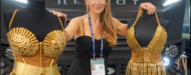 At SHOT Show 2024, Zastava will showcase dresses made from bullet casings, from fashion brand LET HER by designer and competitive shooter Miona (pictured).